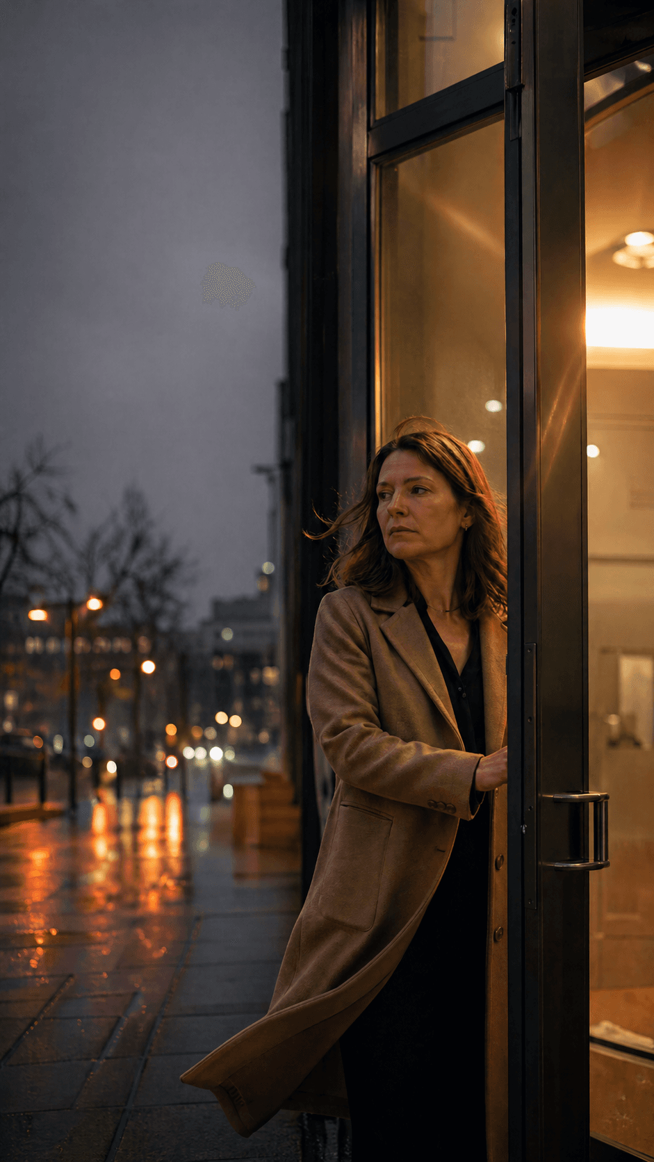 Woman framed in a doorway at night.