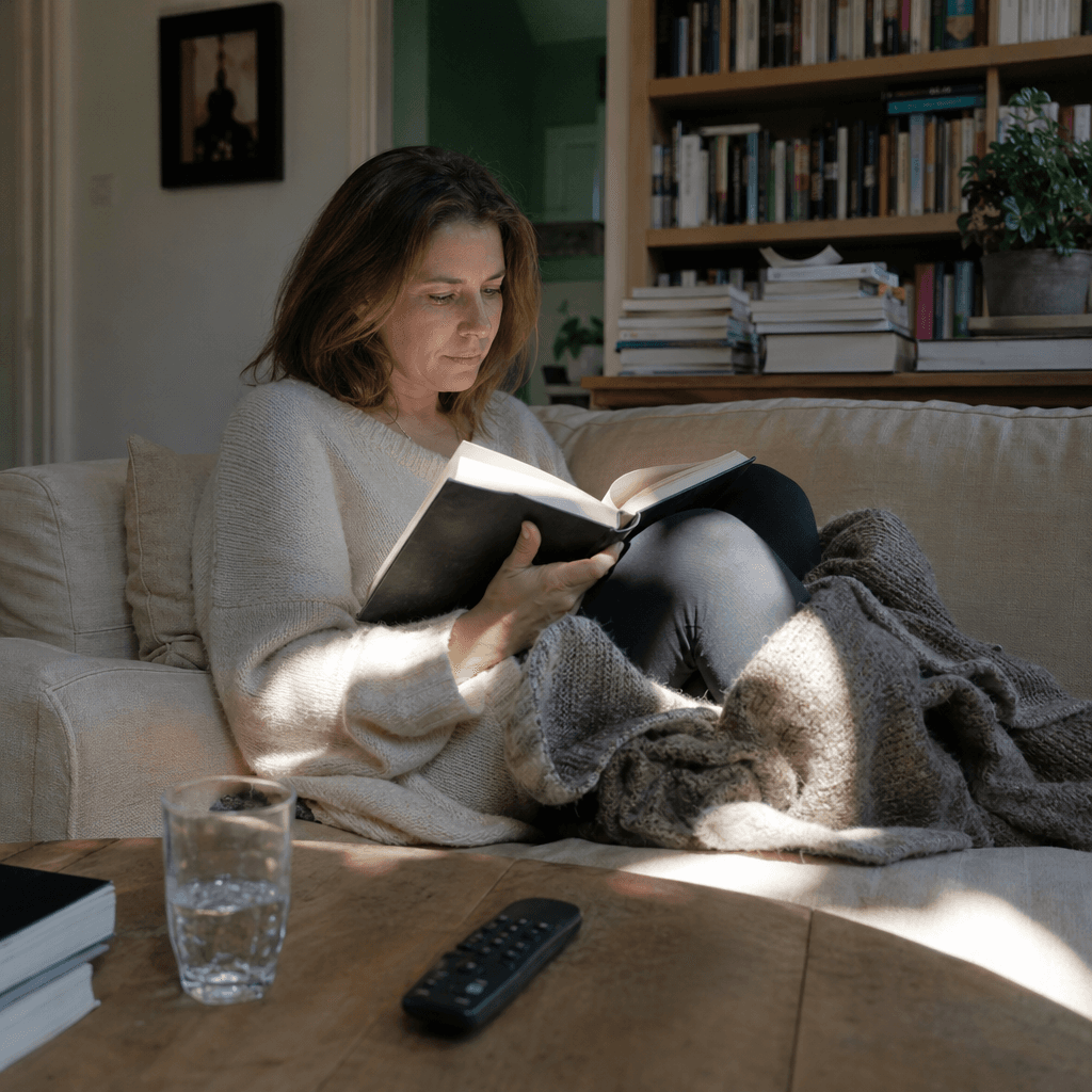 Woman reading on a sofa, mind drifting elsewhere.
